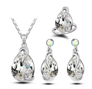 Austrian Crystal Jewelry Set Wedding Rhinestone Water Drop Pendant Necklace Earrings Ring Set for Women