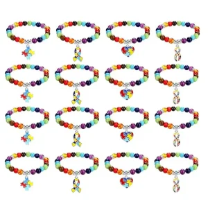 Autism Awareness Bracelet 7Chakra Gemstone Natural Stone Beaded Bracelet Puzzle Pendant Elastic Healing Chakra Crystal Bracelet