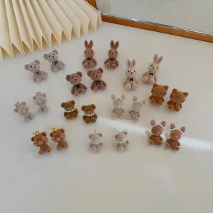 Autumn Winter Fashion Flocking Rabbit Bear Earrings Korean Personality Animal Earring with Crown for Women