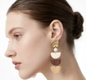 Autumn Winter Women’s Retro Wood Geometric Ethnic Versatile Brown Beige Zinc Alloy Drop Earrings SDELL Bezel Setting