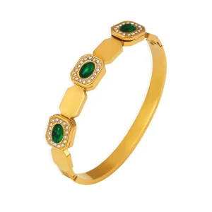B091 Waterproof 18K Gold Plated Glass Green Diamond Bangles Jewelry Stainless Steel Non Fading Bracelets for Women