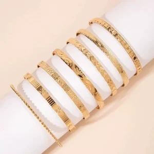 B13 7 Pcs Set Punk Gold Color Bracelets Streetwear Goth Heart Prints Metal Design Open Bangle Fashion Jewelry for Women Gifts