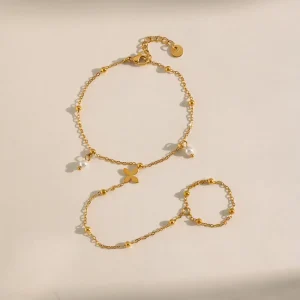 B217 Stainless Steel 18k Gold Plated Jewelry Fashion Elegant Flower Pearl Beads Charms Finger Chain Bracelet for Women