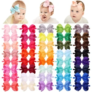 Baby Girls Grosgrain Ribbon Hair Bows Headbands 4.5″ Elastic Hair Band Hair Accessories for Infants Newborn