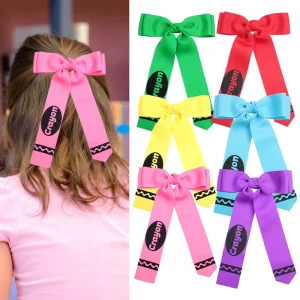 Back to School Crayon Long Streamer Bow Hair Clips for Girls School Pencil Cheer Hair Clips Kids Hair Accessories