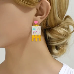 Back to School Graffiti Acrylic Painting Board Heart Shaped Drop Earrings Holiday Colorful Earrings Ladies’ Fashion Accessories