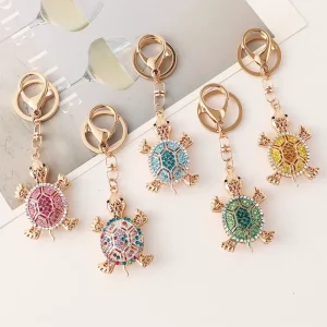 Bag Accessory Enamel Gold Animal Turtle Charm Keyring Colorful Rhinestone Crystal Turtle Keychain for Couple Gift