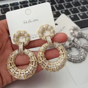 Baguette Cut CZ Double Hoop Drop Chunky Earrings 18K Gold Silver Plated Geometric Circle Dangle Fashion Earrings
