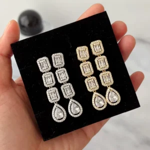 Baguette & Pear Cut CZ Drop Earrings 18K Gold Silver Plated Luxury Linear Dangle Earrings for Bridal Fashion Jewelry