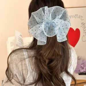 Ballet Core Light Blue Polka Dot Tulle Hair Bows for Women Sheer Organza Hair Clips Coquette Hair Accessories