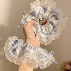 Ballet Core Light Blue Satin Scrunchie Lace Ruffle Hair Tie with Mini Bow Accents Coquette Hair Accessory for Women