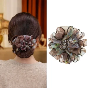 Ballet Core Sheer Tulle Ruffle Scrunchies for Women Light Blue Organza Hair Ties with Pearl Coquette Hair Accessories