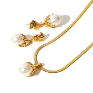 Baroque 18k Gold Plated Flower Pearl Earrings Stainless Steel Snake Chain Round Pearl Necklace