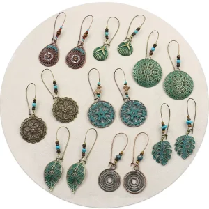 Baroque Bohemian Retro Antique Monstera Leaf Water Pendant Boho Vintage Earring Jewelry for Woman