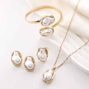 Baroque Buddhism Jewelry Set with Geometric Pearl Bead Necklace in Alloy