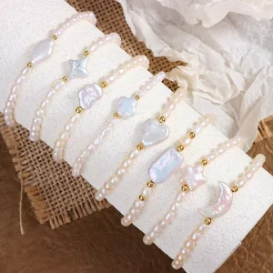 Baroque Freshwater Pearl Elastic Bracelet Handmade Geometric Beaded Pearl Bracelet for Women