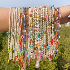 Baroque Pearl Colorful Weaving Beaded Daisy Chain Minority Style Flower Letter Necklace Jewelry