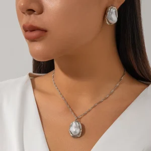 Baroque Pearl Earring Necklace Set for Women Spiral Chain Pendant Necklace