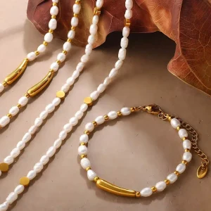 Baroque Pearl Set Dainty Necklace Bracelet Gold Tone Freshwater Pearl Jewelry for Daily Party
