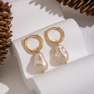 Baroque Pearl Waterproof Simple Filled 18K Gold Plated Non Tarnish Stainless Steel Pendant Fashion Jewelry Earrings for Women