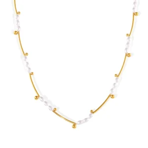Baroque Pearl Y Necklace with Floral Tube Spacers 18K Gold Plated Stainless Steel Layered Chain
