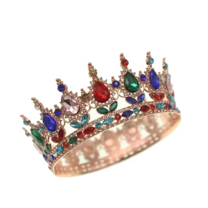 Baroque Purple Rhinestone Crystal Full Circle Alloy Crown Gold Plated Bridal Tiara for Wedding Engagement Prom Quinceanera