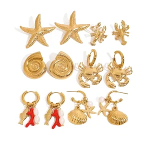Beach Sea Marine Starfish Sea Animal Pearl Stud Earrings 18k Gold Big Size Trendy Party Jewelry Unisex