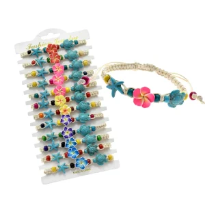 Beach Style Turquoise Gemstone Turtle Sea Star Braided with Clay Flower Adjustable Bracelets for Women Girls