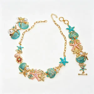 Beach Wedding Starfish Jewelry Set Colorful Sea Shell Pearl Choker Bangle Drop Earrings Summer Vacation Bridal