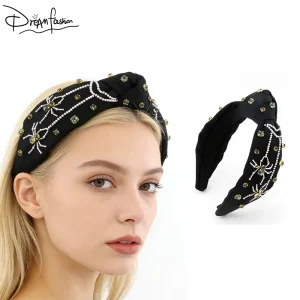 Bead Embroidered Black Spider Crystal Women Headband Bowknot Pearl Hand Made Hair Accessories