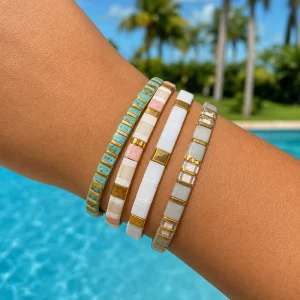 Beaded Bracelets with Square Lampwork Glass Beads 18K Gold Plated Geometric Women’s Gift Jewelry