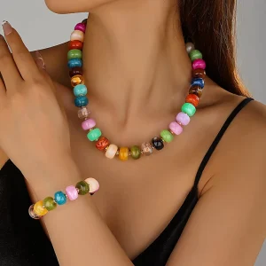 Beaded Jewelry Bohemian Style Colorful Acrylic Bead Necklace and Bracelet Set