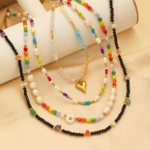 Beaded Necklace Natural Stone Freshwater Pearl Colored Crystal Bead Necklace for Women