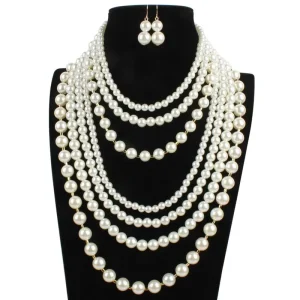 Beaded Necklaces Multi Layer Pearl Beaded Long Statement Necklace Earring Jewelry Sets for Women