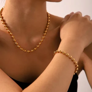 Beads Chain Jewelry Set 18K Gold Plated Minimalist Stainless Steel Bracelet Necklace for Women