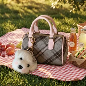 Bean British Afternoon Tea Pillow Bag Women’s Autumn Winter Plaid Polyester Zipper Handbag Middle Tote Shoulder Crossbody Single