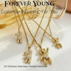 Bears Necklace Valentine Jewelry Girls Gift 316 Stainless Steel 18K Gold Plated Sparkly Crystal Teddy Bear Necklaces