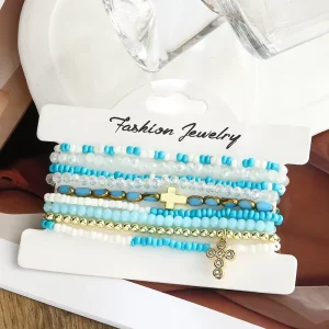 Beautiful Bohemian Jewelry Crystal Glass Seed Beads Beaded Elastic 9pcs Stack Bracelets Set Zircon Charm Bracelet
