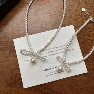 Beautiful Fine Jewelry 925 Sterling Silver Synthetic Pearl Strand Bowknot Beaded Necklace Bracelet for Women Girl