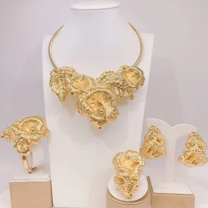 Beautiful Flower Light Wight Big Italian Jewelry Set for Women Stunning Necklace Bracelet Earrings Ring 4PC Jewellery