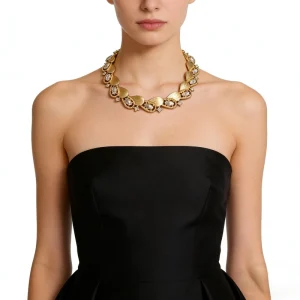 Bella Viva Luxury 18K Gold Plated Brass & Cubic Zirconia Leaf Shaped Choker Necklace for Women’s Party and Special Events