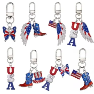 Bespoke Patriotic Metal Key Chain Creative USA Letter Charm Personalized Enamel Rhinestone Souvenir Gift Bulk Order Fashion