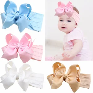 Best Quality Baby Newborn Moonstitch Grosgrain Ribbon Headband with Big Bow Monogrammed Hair Accessories