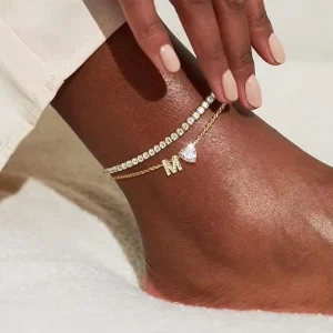 Best Selling 26 Letter Heart Zircon Inlaid Elegant Az Beaded Adjustable Brass Anklet Cross Border Layered Style