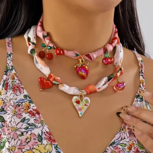 Best selling Silk Scarf Necklace Fashion Light and Fresh Style Strawberry Cherry Knot Fabric Women’s Collar Chain