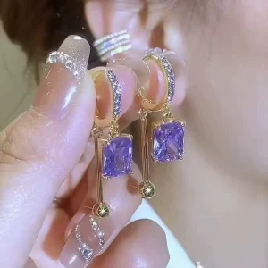 Bestseller Elegant Exquisite Light Luxury Square Zircon Purple and Green Pendant Earrings for Women