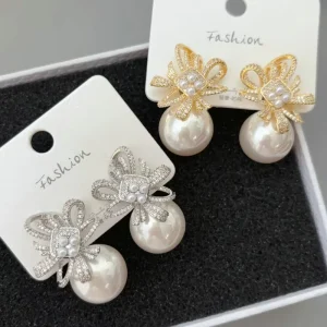 Bestselling Micro Pave Zircon Bowknot Flower Earrings Elegant Temperament Imitation Pearl Drop Earrings for Women