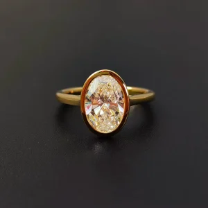 Bezel Set 14K Solid Gold Oval Cut Lab Grown Diamond Single Fashion Ring