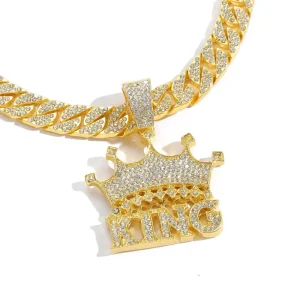 Big Crown Pendant Necklace Miami Link Chain With Alloy Diamonds Full Bling CZ Rhinestone KING Pendant Chokers Necklace