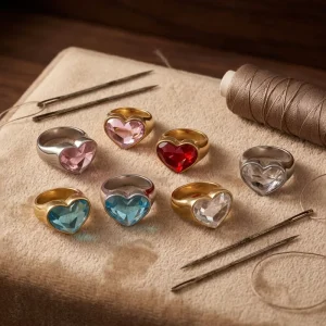 Big Heart Crystal Ring for Women Non Tarnish Stainless Steel Color Heart Gem Chunky Statement Ring Hip Hop Stackable Jewelry